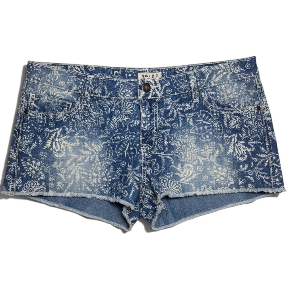 Mudd Womens Blue White Floral Paisley Denim Shorts Cut Off Frayed Hem Size 15